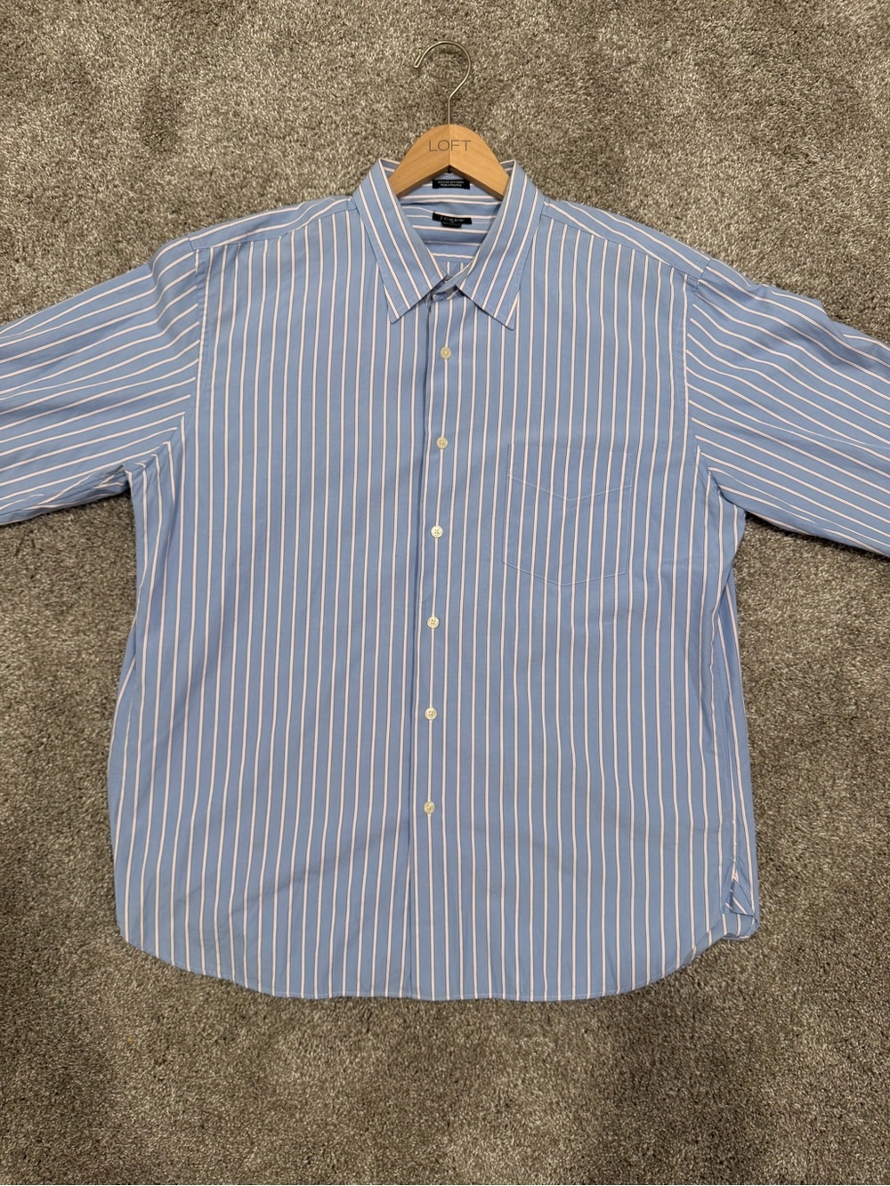 J. Crew Light Blue & White Pinstripe Dress Shirt / Slight Stain on Sleeve